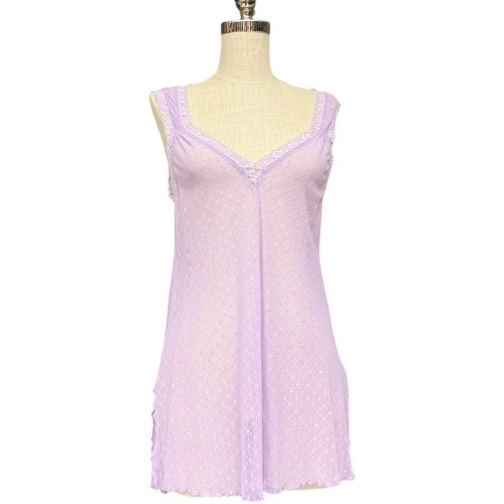 Frederick’s of Hollywood Lavender Lace Mesh Slip Dress Size Large Romantic Mesh